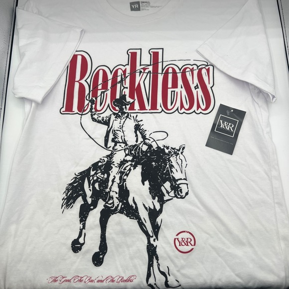 YR Other - Young and Reckless Cowboy Graphic T-Shirt White Red Rodeo Western Mens Small